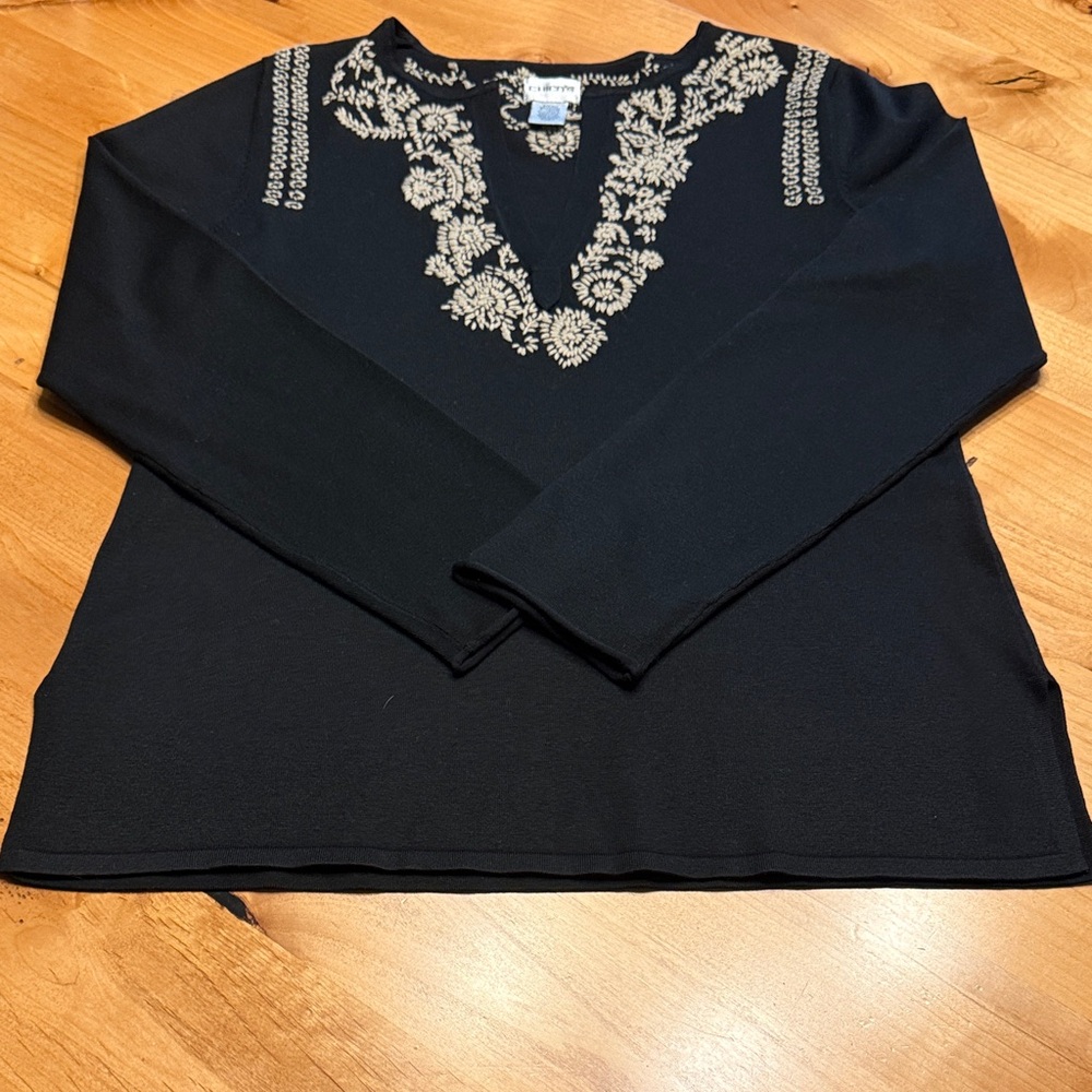 Chico's Black Sweater with Tan Embroidery on front and back.